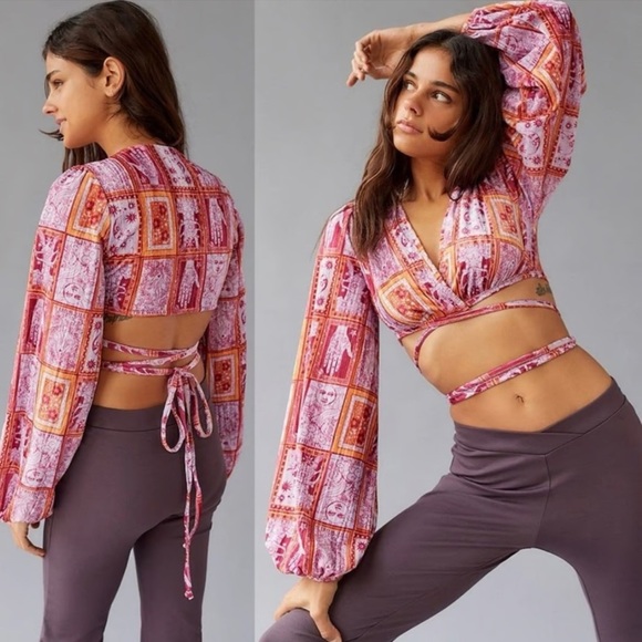 Urban Outfitters Boho Pink Patchwork Wrap Top Balloon Sleeve Crop Blouse M - Picture 1 of 6